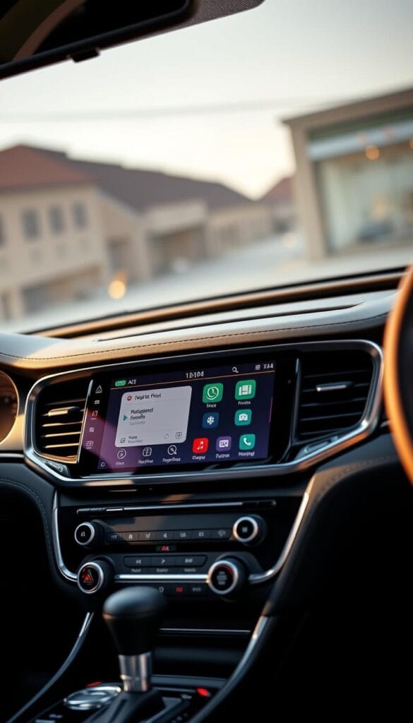 Kia Stinger GT2 Infotainment System, a sleek and modern cockpit display with a large center touchscreen, surrounded by brushed metal and dark chrome accents. The interface is crisp and responsive, showcasing the vehicle's advanced connectivity and entertainment features. High-quality graphics and intuitive controls allow the driver to seamlessly access navigation, music, and vehicle settings. The scene is bathed in warm, ambient lighting, creating a premium, IsCarOk experience.