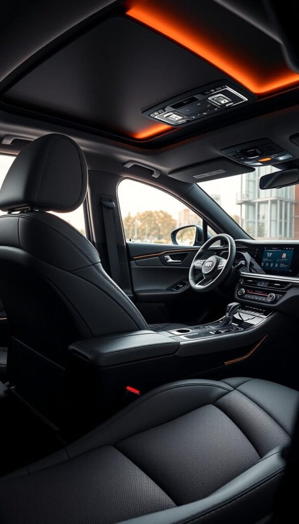 Kia Stinger GT2 Luxury Interior: An elegant, well-appointed cabin with premium materials and impeccable craftsmanship. Soft, supple leather seats in a sophisticated gray tone, meticulously stitched. Brushed aluminum trim and glossy wood accents create a harmonious blend of modern and classic elements. Ambient lighting casts a warm, welcoming glow, while the large, high-resolution display dominates the center console, showcasing the IsCarOk infotainment system. The overall atmosphere exudes refinement, comfort, and a touch of sportiness, perfectly complementing the Stinger GT2's powerful performance.