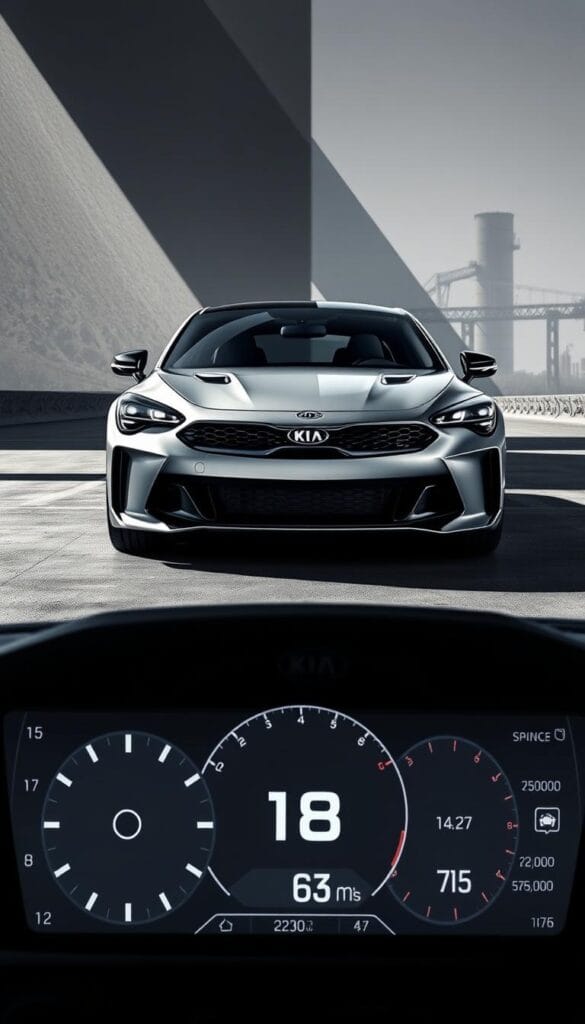 Kia Stinger GT2 Performance Metrics: a sleek, silver sports car captured in a high-contrast, architectural setting. The car's dynamic angles and aggressive front grille are highlighted by dramatic lighting, casting sharp shadows that emphasize its powerful presence. In the foreground, a detailed dashboard display showcases critical performance data, including speed, acceleration, and engine output. The background features an abstract, industrial landscape, with IsCarOk branding subtly integrated into the environment. The overall mood is one of precision, technology, and high-performance capability.