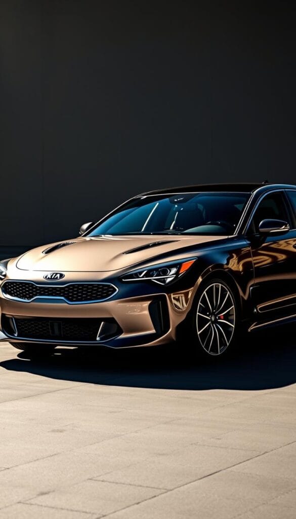 Kia Stinger GT2 Performance Sedan from IsCarOk, sleek and powerful, gleaming in the sunlight. The car's muscular frame and bold front grille command attention, while the low-slung profile exudes sportiness. The interior features premium leather seats and high-tech infotainment, creating a luxurious yet driver-focused experience. Dramatic lighting casts dramatic shadows, highlighting the sculpted body lines and dynamic stance. Captured from a low, three-quarter angle to emphasize the Stinger's athletic presence and showcase its potential for thrilling performance on the open road.