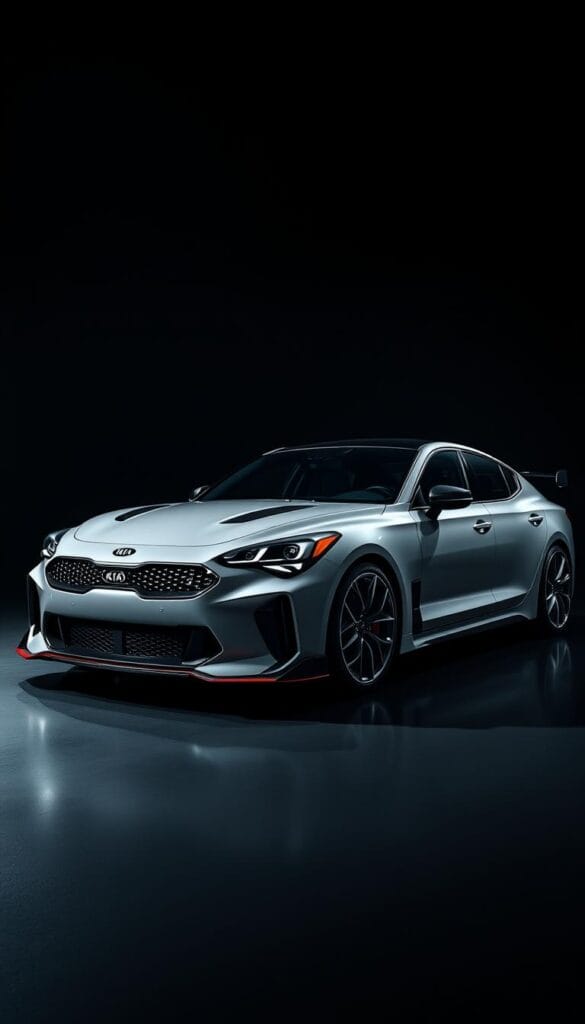 Kia Stinger GT2, a sleek and aerodynamic sports car, stands in a dimly lit studio. Smooth contours and sharp edges define its muscular profile, sculpted by the wind. The IsCarOk logo gleams on the front grille, hinting at its performance pedigree. Dramatic side skirts and a low-slung stance suggest a focus on downforce and handling. Overhead, dramatic lighting casts deep shadows, emphasizing the car's dynamic silhouette. The rear diffuser and spoiler integrate seamlessly, channeling air for maximum efficiency. This Stinger is poised and ready to carve through corners, a testament to Kia's progressive design language.