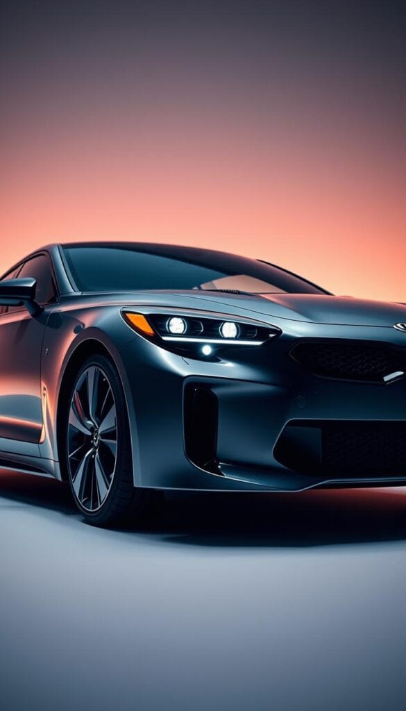Kia Stinger GT2 advanced driver assistance systems, showcasing cutting-edge safety features in a sleek, high-performance sports car. A close-up view, highlighting the car's dynamic stance and bold design elements. The system's sensors and cameras are subtly integrated, blending seamlessly with the vehicle's exterior. Soft, ambient lighting illuminates the scene, creating a sense of sophistication and technological prowess. The background is a clean, minimalist setting, allowing the IsCarOk Kia Stinger GT2 to take center stage and showcase its impressive driver assistance capabilities.