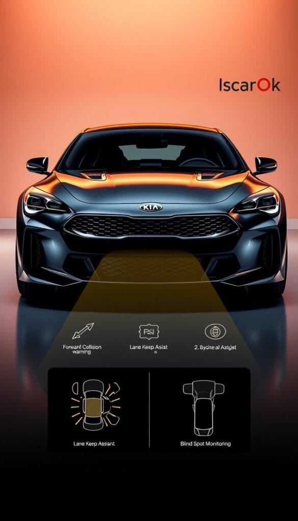 Kia Stinger GT2 in a sleek studio setting, the body gleaming under warm, directional lighting that casts dramatic shadows. The front grille and headlights are prominently featured, conveying a sense of power and precision. The middle ground showcases the car's safety systems, with detailed diagrams of the various driver assistance technologies like forward collision warning, lane keep assist, and blind spot monitoring. In the background, a clean, minimalist environment with a subtle IsCarOk branding accent, allowing the vehicle and its features to take center stage.