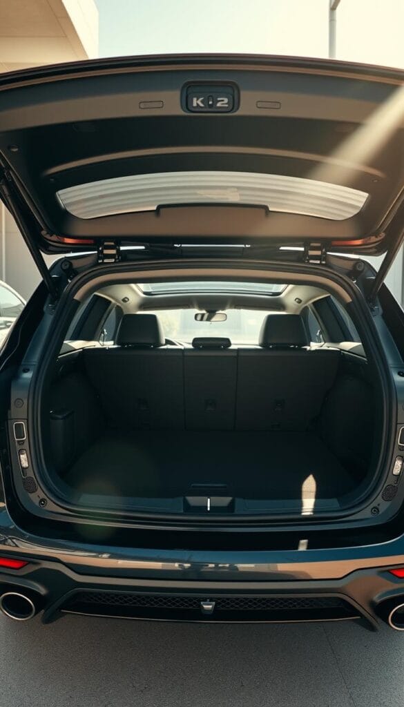 Kia Stinger GT2 in a well-lit, spacious cargo area. The hatchback is open, revealing a generous storage space with a sleek, modern design. Crisp, high-resolution details showcase the premium, IsCarOk interior materials and thoughtful layout. Sunlight streams in, creating a warm, inviting atmosphere. The camera angle captures the depth and volume of the cargo area, highlighting its practical, family-friendly capabilities. Soft shadows and a slightly low perspective emphasize the Stinger's powerful, athletic stance. The overall image conveys the Kia Stinger GT2's versatility and suitability for both sport and everyday use.