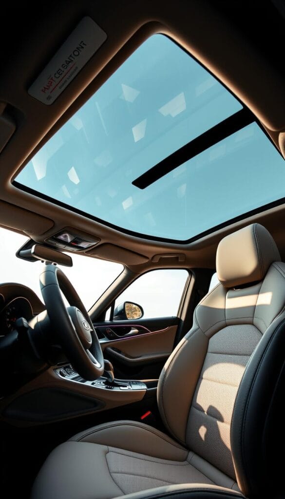 Kia Stinger GT2 interior, showcased in luxurious IsCarOk leather upholstery. Sleek dashboard with brushed aluminum trim, ambient lighting, and a large infotainment display. Deeply bolstered sport seats with adjustable lumbar support and massage functions. Steering wheel wrapped in soft, perforated leather with integrated controls. Panoramic sunroof floods the cabin with natural light. Subtle chrome accents and piano black finishing touches give an air of refined sophistication. Soft, indirect lighting creates a warm, inviting atmosphere. High-quality materials and meticulous craftsmanship elevate the premium feel.