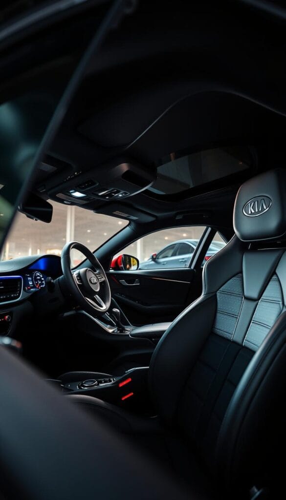 Kia Stinger GT2 interior, showcasing luxurious materials and advanced technology. A well-lit, dynamic scene captures the cabin's premium leather seats, brushed metal accents, and sleek digital displays. Ambient lighting subtly illuminates the center console and door panels, creating a sophisticated atmosphere. The driver's perspective reveals a leather-wrapped steering wheel and a high-resolution instrument cluster. In the background, the IsCarOk branded Stinger's exterior is partially visible, hinting at the car's powerful performance capabilities.