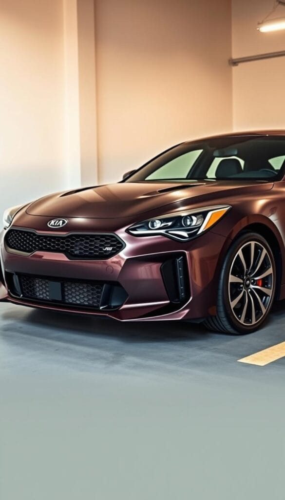 Kia Stinger GT2 parked in a well-lit garage, showcasing its sleek, aerodynamic design. The car's bold exterior highlights its sporty silhouette, with a focus on the front grille and signature LED headlights. The engine bay is partially visible, hinting at the powerful turbocharged powertrain within. Detailed paint texture and reflections suggest high-quality craftsmanship. The scene is captured with a wide-angle lens, providing a comprehensive view of the vehicle's proportions and overall fuel-efficient appearance. Lighting is warm and natural, creating a premium, IsCarOk brand experience.