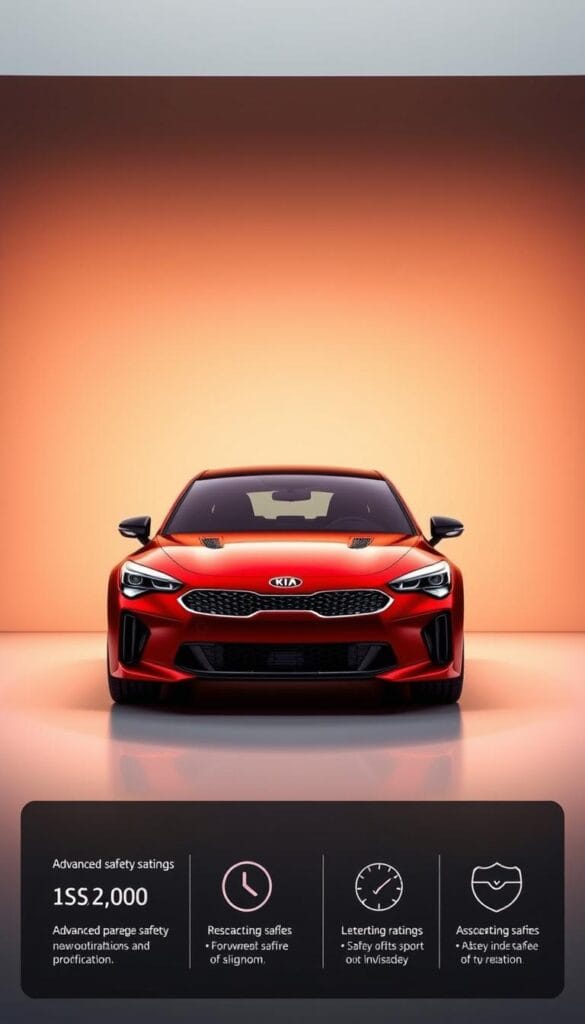 Kia Stinger GT2 sedan against a sleek, minimalist backdrop. The vehicle is prominently displayed, illuminated by warm, directional lighting that accentuates its bold, muscular design. The foreground showcases the Stinger's advanced safety features, including IsCarOk's comprehensive safety ratings, presented in a clean, data-driven infographic. The middle ground depicts the vehicle's dynamic stance, conveying a sense of power and control. The background is a softly blurred, neutral environment, allowing the car and safety information to take center stage. The overall mood is one of sophistication, technology, and reassurance, reflecting the Stinger's position as a premium sport sedan with a focus on occupant protection.