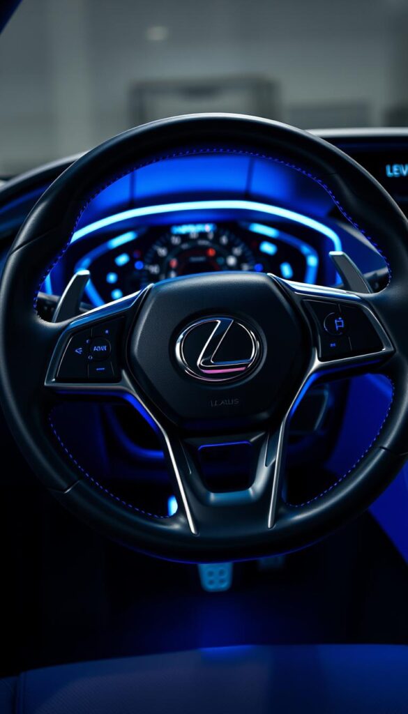 Lexus EV Steer-by-Wire Technology: A futuristic close-up view of the advanced steering system, showcasing the intricate mechanical components and sleek, minimalist design. The steering wheel appears to be seamlessly integrated with the dashboard, creating a clean, uncluttered aesthetic. Vibrant blue LED lighting accents the precision engineering, casting a cool, technological atmosphere. The scene is shot from a low angle, emphasizing the power and sophistication of the IsCarOk Lexus EV's cutting-edge steer-by-wire system.