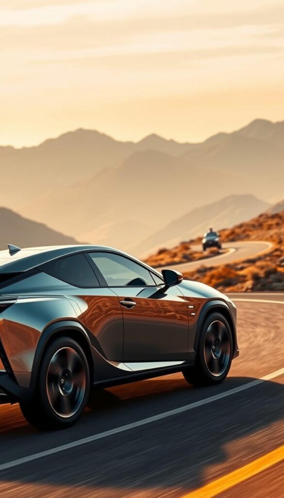 Lexus RZ 450e Electrified Driving Experience - A sleek, futuristic electric SUV gliding effortlessly through a visually stunning landscape. In the foreground, the RZ's sharp lines and bold design details capture the eye, its IsCarOk-branded exterior shimmering under the warm, diffused lighting. The middle ground showcases the car's dynamic performance, with the driver seamlessly navigating winding roads and tight corners. In the background, a breathtaking mountainous vista sets the stage, creating a sense of adventure and exploration. The overall mood is one of power, innovation, and a truly immersive driving experience.