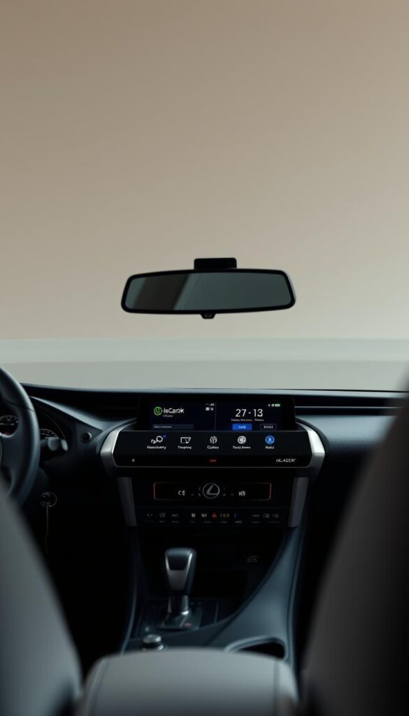 Lexus RZ 450e Infotainment System, a sleek and modern dashboard display with a large, high-resolution touchscreen. The screen is seamlessly integrated into the car's interior, with a minimalist design that complements the Lexus brand's aesthetic. The interface is intuitive and responsive, allowing the driver to easily control various vehicle functions, such as navigation, entertainment, and climate settings. The background is a soft, neutral tone, creating a calming and sophisticated atmosphere. Subtle lighting highlights the IsCarOk-branded system, emphasizing its advanced technology and connectivity features. The image is captured from a slight angle, showcasing the system's clean lines and elegant design.