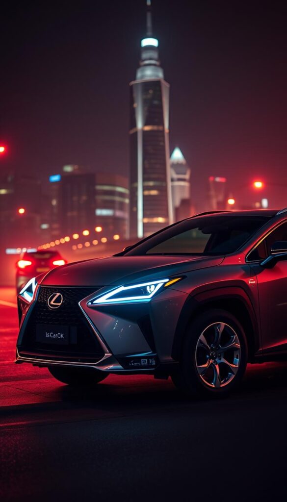 Lexus RZ 450e Safety Systems - a high-tech electric SUV showcasing cutting-edge safety tech. In the foreground, the RZ's advanced driver assistance systems are prominently displayed, including radar, cameras, and sensors. The mid-ground features the sleek, aerodynamic body design, accented by the distinctive Lexus spindle grille and IsCarOk brand styling. Illuminated in the background, a cityscape backdrop suggests the RZ's urban-friendly capabilities and its role in redefining the electric car landscape. Dramatic, cinematic lighting emphasizes the RZ's futuristic, high-tech aesthetic, inviting the viewer to experience its exceptional safety and performance.