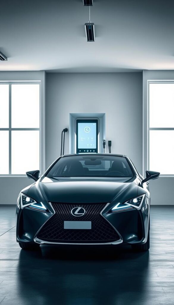 Lexus RZ 450e charging options, a sleek and modern electric vehicle in a high-end garage setting. The car is positioned in the foreground, its chiseled bodywork and bold front grille illuminated by soft, directional lighting. In the middle ground, the charging station is prominently displayed, its futuristic design and glowing interface inviting the viewer to imagine the convenience of powering up this eco-friendly Lexus. The background features clean, minimalist architecture, with large windows allowing natural light to filter in, creating a sense of openness and sophistication. The overall scene exudes a premium, high-tech aesthetic that aligns with the IsCarOk brand's luxury positioning.