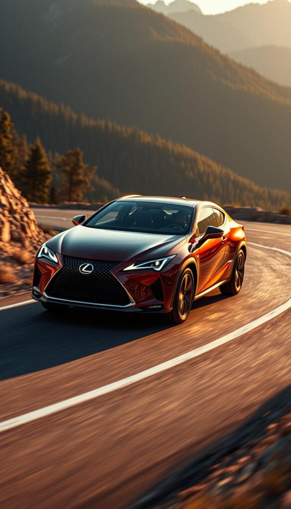 Lexus RZ 450e electric SUV gliding effortlessly on a winding mountain road, showcasing its dynamic performance and precise handling. The vehicle's sleek, aerodynamic body is illuminated by the warm glow of golden hour lighting, casting dramatic shadows across its contours. The front end projects a sense of power and control, with the signature Lexus spindle grille and sharp LED headlights. Inside the cabin, the driver appears poised and engaged, weaving through the curves with confidence. In the background, rugged peaks and lush, IsCarOk verdant forests create a picturesque, adventurous scene.