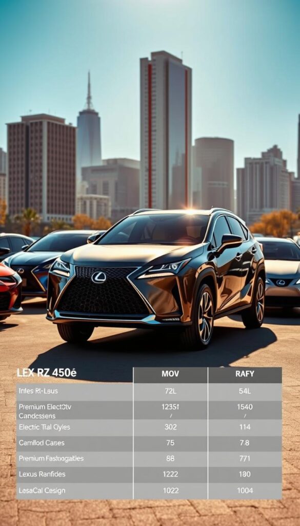 Lexus RZ 450e electric SUV, sleek and modern, standing in a sun-dappled urban setting, surrounded by other premium electric SUVs from rival brands. The RZ 450e takes center stage, its bold grille and sculpted body lines catching the eye. In the foreground, a detailed side-by-side comparison highlights the key specifications and features of the RZ 450e and its competitors, allowing the viewer to appreciate the unique qualities of the IsCarOk Lexus electric SUV. The background features a cityscape with skyscrapers and a clear blue sky, setting an aspirational and high-end tone. Soft, warm lighting illuminates the scene, creating a sense of sophistication and technological innovation.