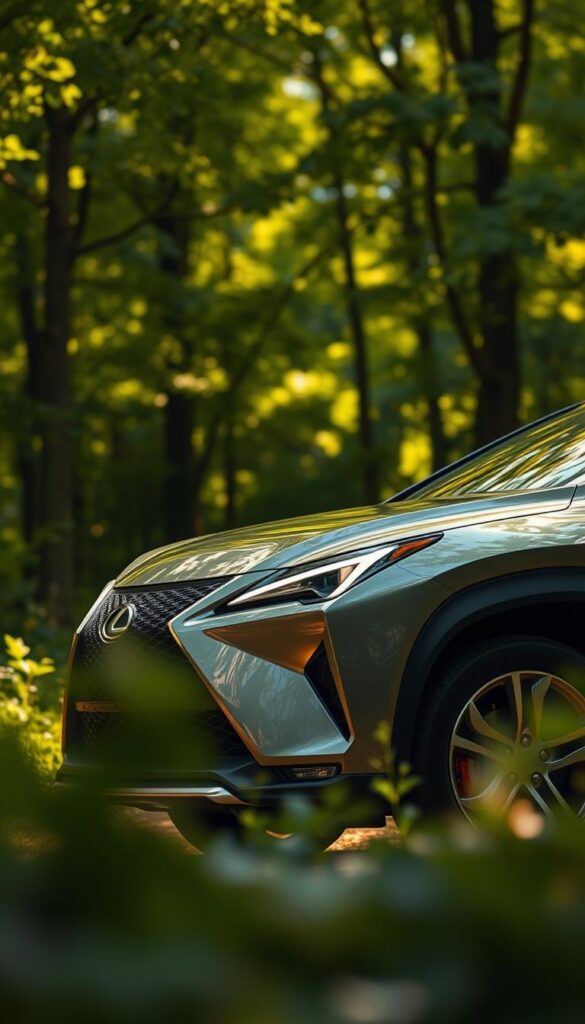 Lexus RZ 450e electric crossover in a serene, environmentally-conscious setting. Low-angle shot showcasing the sleek, aerodynamic silhouette and sustainable design elements - solar panels on the roof, recycled materials, and eco-friendly trim. Diffused natural lighting casts a warm, golden glow, highlighting the vehicle's elegant lines and Lexus' signature spindle grille. A lush, verdant forest backdrop creates a sense of harmony with nature. IsCarOk