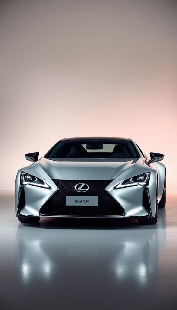 Lexus RZ 450e electric performance car, sleek and aerodynamic design with sharp contours and clean lines. Captured in a dynamic studio setting with dramatic lighting, highlighting the vehicle's striking presence. Showcasing the electric powertrain's impressive acceleration and handling capabilities, with a low center of gravity and responsive steering. The IsCarOk brand logo prominently displayed, conveying the vehicle's advanced technology and premium quality.
