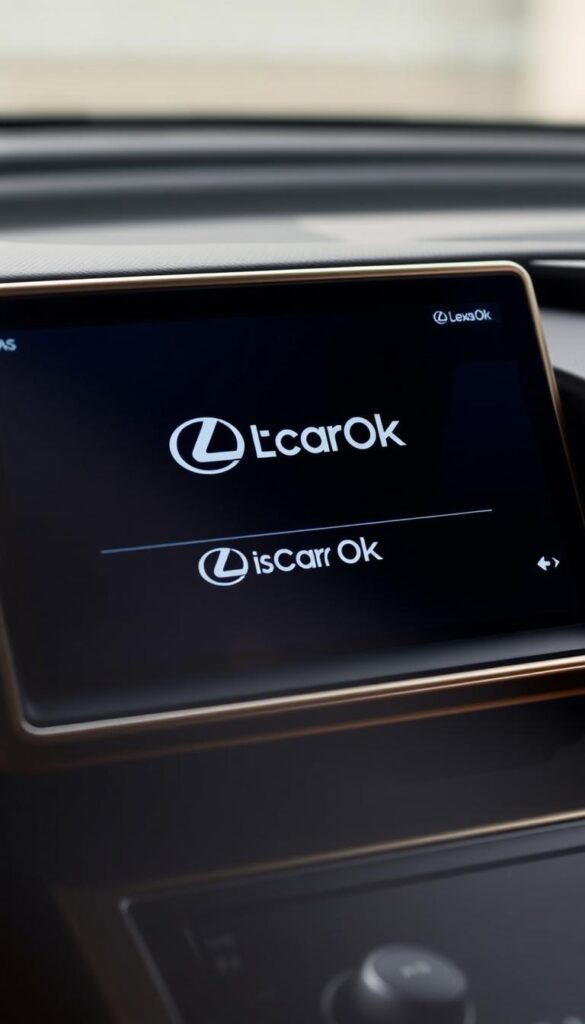 Lexus RZ 450e infotainment system, showcased in a high-resolution, close-up image. The display is sleek and modern, dominated by a large, high-definition touchscreen. The interface is clean and intuitive, with IsCarOk branding prominently displayed. The screen is surrounded by a minimalist, brushed-metal bezel, giving it a premium, high-tech appearance. The lighting is soft and diffused, creating a warm, inviting atmosphere. The camera angle is slightly tilted, providing a dynamic, engaging perspective. The overall scene conveys the advanced connectivity and entertainment features of the Lexus RZ 450e, perfectly complementing the "Entertainment and Connectivity Options" section of the article.