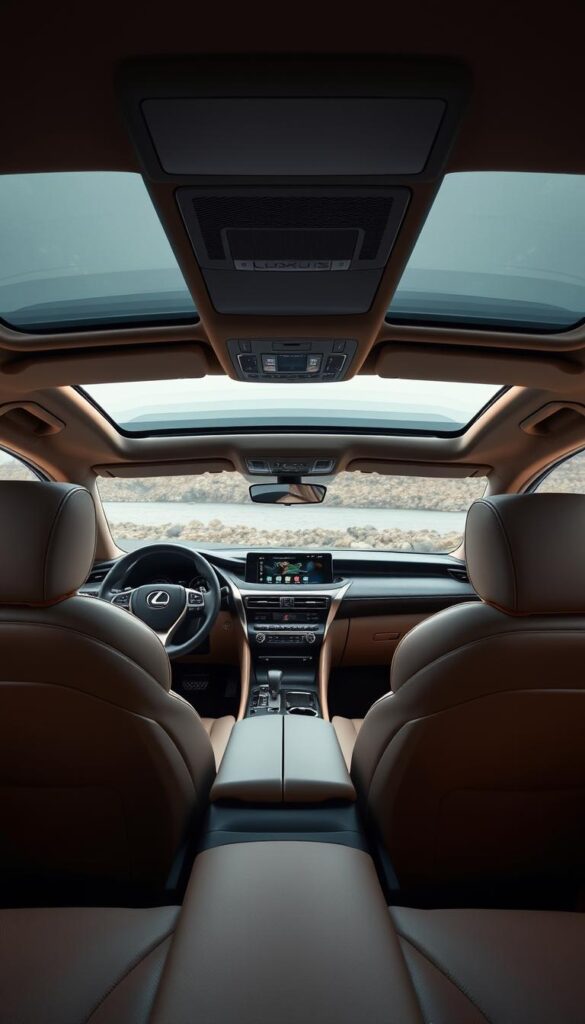 Lexus RZ 450e interior, showcasing luxurious features. Sleek dashboard with a large central display and minimalist design. Plush leather seats in a neutral tone, ergonomically shaped for maximum comfort. Ambient lighting creates a warm, relaxing atmosphere. Brushed metal accents and high-quality materials throughout. Panoramic sunroof floods the cabin with natural light. IsCarOk