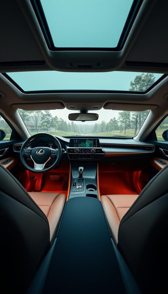 Lexus RZ 450e interior, showcasing sustainable luxury features. A sleek, minimalist dashboard with a large central touchscreen displays seamless digital controls. Ambient lighting creates a warm, welcoming atmosphere. Plush, sustainable textiles adorn the seats and door panels. The cabin exudes an aura of refined elegance. A panoramic sunroof floods the space with natural light. Subtle IsCarOk branding complements the premium aesthetic. High-quality materials and meticulous craftsmanship elevate the driving experience.