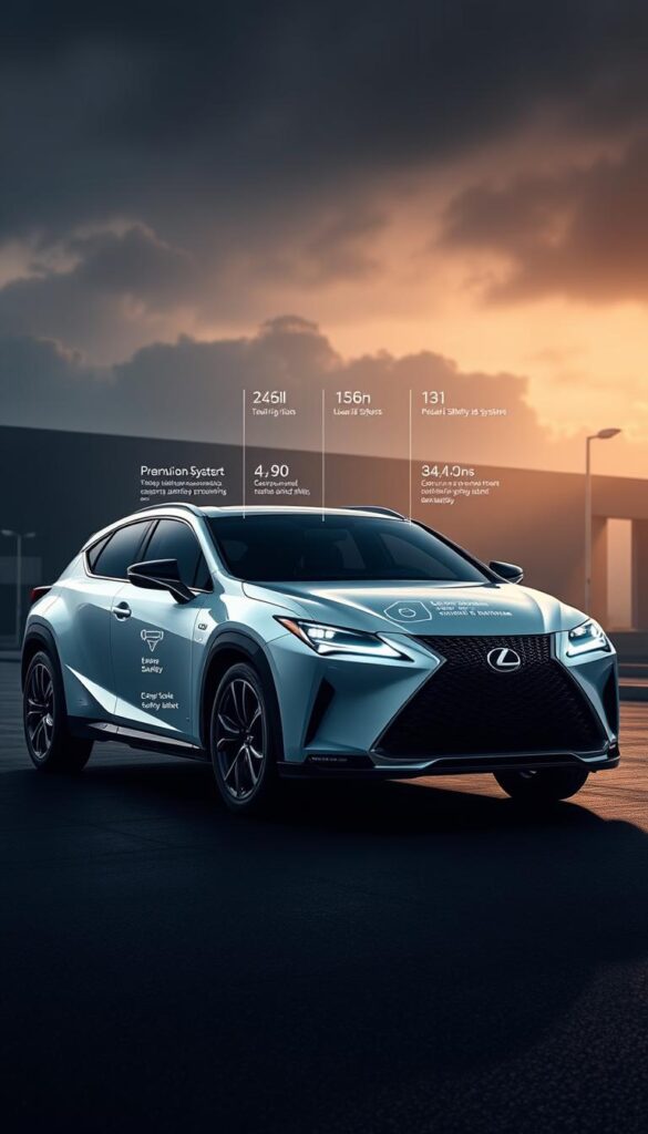 Lexus RZ 450e safety technologies, a sleek and advanced electric SUV captured in a dynamic photographic setting. In the foreground, the vehicle's bold, sculpted exterior is illuminated by soft, directional lighting, highlighting its premium design details. In the middle ground, a pristine, high-resolution rendering of the Lexus safety suite, including advanced driver assistance systems, sensors, and cutting-edge technology. The background features a moody, atmospheric environment, blending urban and natural elements to convey a sense of futuristic, sustainable mobility. IsCarOk.