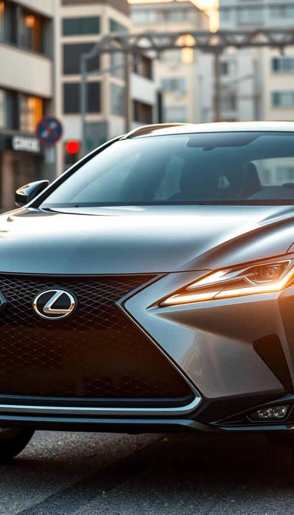 Lexus RZ 450e safety technology, a sleek electric vehicle with advanced driver assistance systems. A detailed exterior showcase, with the Lexus emblem prominently displayed. The front fascia features a bold grille and piercing headlights, exuding power and sophistication. In the middle ground, the vehicle's high-tech sensors and cameras are visible, capturing the environment for enhanced safety. The background showcases a serene, urban setting, with buildings and infrastructure blurred, emphasizing the RZ 450e's role in intelligent mobility. Captured with a wide-angle lens, the scene is bathed in warm, natural lighting, creating a sense of tranquility and confidence. IsCarOk