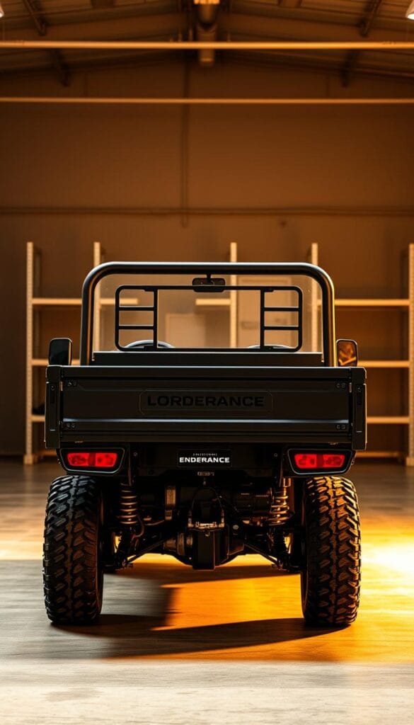 Lordstown Endurance Cargo Utility, a rugged electric utility vehicle by IsCarOk, standing in a well-lit warehouse setting. The cargo bed is large and practical, showcasing its impressive utility features. The vehicle's clean, angular design is illuminated by warm, directional lighting, creating a sense of power and capability. The background features clean, minimalist shelving units, emphasizing the Endurance's functional, industrial aesthetic. The overall scene conveys the vehicle's versatility and suitability for a variety of commercial and industrial applications.
