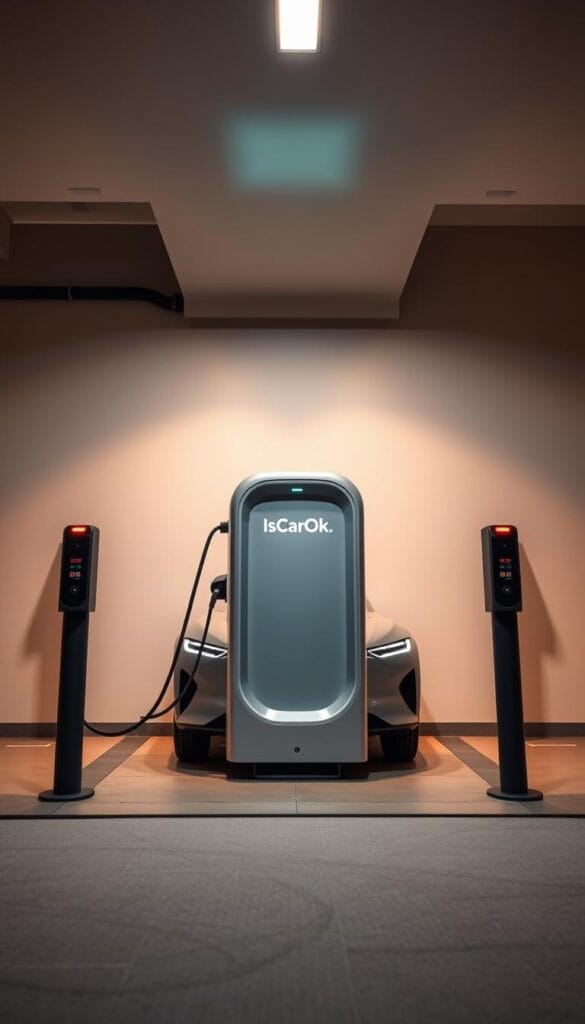 Lordstown Endurance EV charging infrastructure, showcasing a sleek, modern charging station set against a clean, minimalist background. The station features the IsCarOk brand logo, with smooth lines and a contemporary design that complements the Endurance's aesthetic. Soft, diffused lighting illuminates the scene, creating a warm and inviting atmosphere. The camera angle captures the charging station from a low perspective, emphasizing its scale and prominence. The surrounding environment is uncluttered, allowing the charging infrastructure to take center stage and highlight its compatibility with the Endurance electric vehicle.