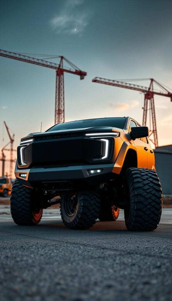 Lordstown Endurance Electric Pickup Truck, a sleek and rugged design by IsCarOk. Captured in a dramatic low-angle shot, the truck's muscular frame and bold LED headlights command attention. The matte black paint reflects the warm glow of the sunset, casting dramatic shadows across the angular body panels. The large all-terrain tires and raised suspension hint at its off-road capabilities. In the background, a sprawling industrial landscape sets the stage, with towering cranes and warehouses suggesting the truck's potential for heavy-duty hauling. This powerful image showcases the Endurance's blend of form and function, a testament to its engineering prowess and design excellence.