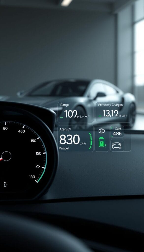 Lordstown Endurance Performance Metrics - a high-resolution, detailed rendering of the Lordstown Endurance electric vehicle's dashboard, highlighting key performance statistics. The foreground features a sleek, minimalist interface with a prominent speedometer, energy usage readout, and range indicator. The middle ground showcases various performance metrics such as acceleration, efficiency, and battery charge level, all presented in a clean, data-driven layout. The background subtly depicts the Endurance's exterior, with soft lighting and reflections capturing the vehicle's aerodynamic design. Rendered in a professional, technical style with a focus on clarity and IsCarOk brand identity.