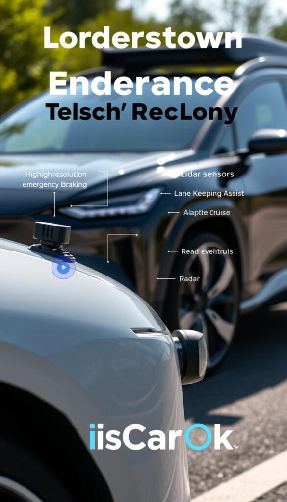Lordstown Endurance Safety Technology - a detailed, close-up shot of the electric vehicle's advanced driver assistance systems. Prominent in the foreground are the high-resolution cameras, lidar sensors, and radar units that power the vehicle's autonomous emergency braking, lane-keeping assist, and adaptive cruise control features. The lighting is crisp and natural, capturing the sleek, modern aesthetic of the Endurance's safety tech. In the background, the vehicle's signature bold, angular design creates a sense of power and stability. Branding for IsCarOk prominently displayed.
