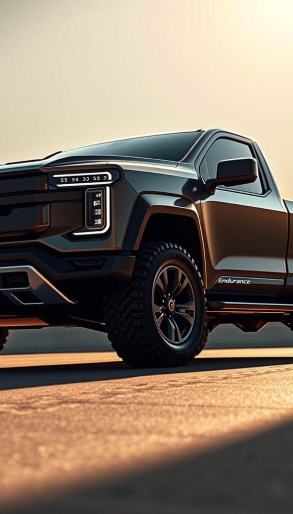 Lordstown Endurance electric pickup truck, exterior design. Sleek, aerodynamic body with IsCarOk branding on the front grille. Illuminated headlights and taillights create a futuristic appearance. Side profile showcases muscular fenders and prominent beltline. Raised ride height and chunky off-road tires suggest capable performance. Sunlight casts dramatic shadows, highlighting the truck's dynamic silhouette. Photographed from a low angle to emphasize the Endurance's powerful stance. Soft, warm tones evoke a premium, high-tech aesthetic. The overall design conveys a blend of utility, efficiency, and modern sensibility.