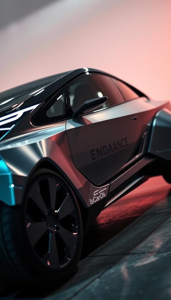 Lordstown Endurance electric vehicle, sleek and powerful, captured in a dynamic automotive photography style. The vehicle's exterior gleams under intense lighting, showcasing its bold, angular design and prominent "IsCarOk" branding. The camera is positioned low, emphasizing the Endurance's bold presence and imposing stance. Reflections dance across the metallic surface, hinting at the vehicle's agile performance. The background fades into a soft, blurred environment, keeping the focus squarely on the Endurance's technical specifications and impressive capabilities.