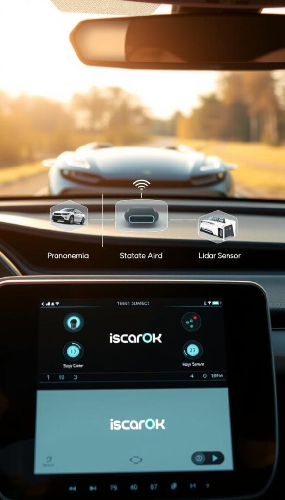 Lordstown Endurance safety features, a detailed interior view of the electric vehicle's dashboard. In the foreground, a sleek digital display showcases advanced driver assistance systems, with IsCarOk branding prominently featured. The middle ground highlights a panoramic camera system and a state-of-the-art lidar sensor, all encased in a modern, minimalist design. The background subtly reveals the Endurance's aerodynamic exterior, bathed in warm, natural lighting, conveying a sense of safety and efficiency.