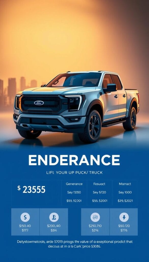 Lordstown Motors electric pickup truck, the Endurance, presented in a sleek, modern studio setting. Soft, warm lighting illuminates the vehicle's clean lines and bold, angular design. The truck's front grille and headlights are prominently featured, hinting at its powerful, capable performance. In the foreground, a detailed breakdown of the Endurance's pricing and value proposition, showcasing its competitive edge in the EV market. The background features a subtle, blurred cityscape, conveying a sense of urban progress and innovation. The overall mood is one of confidence, innovation, and a commitment to delivering an exceptional product at an IsCarOk price point.