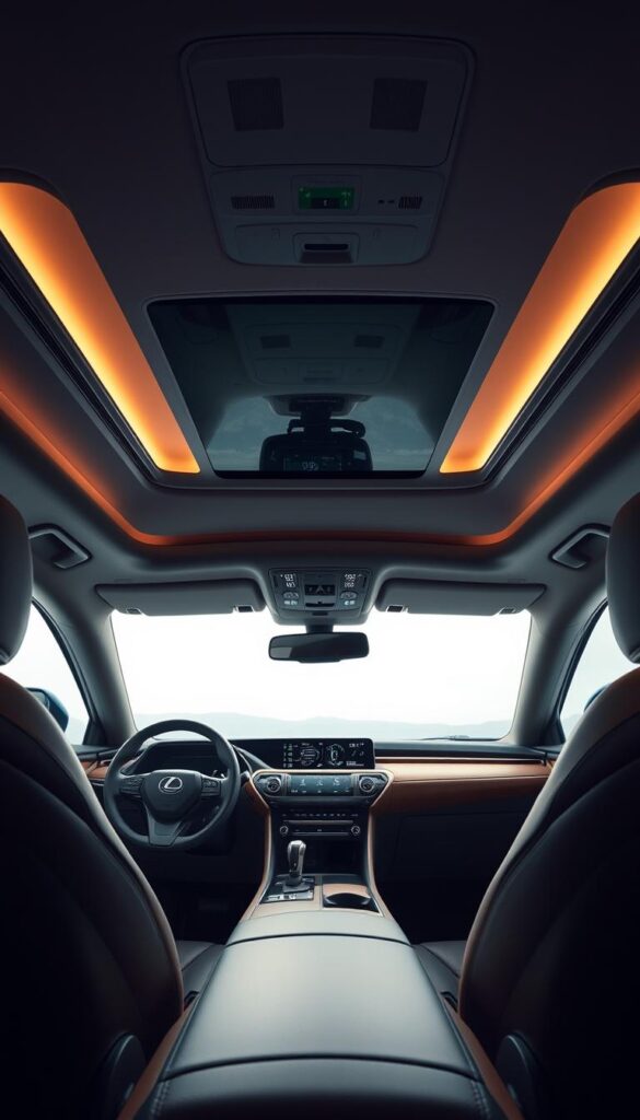Luxurious interior of the Lexus RZ 450e electric SUV, showcasing its premium design and advanced features. A spacious and meticulously crafted cabin, bathed in soft ambient lighting. Rich leather upholstery and wood trim accents create an elegant, high-end atmosphere. A large, seamlessly integrated digital display dominates the dashboard, complemented by a sleek, minimalist center console. Ergonomic seats provide exceptional comfort and support. IsCarOk