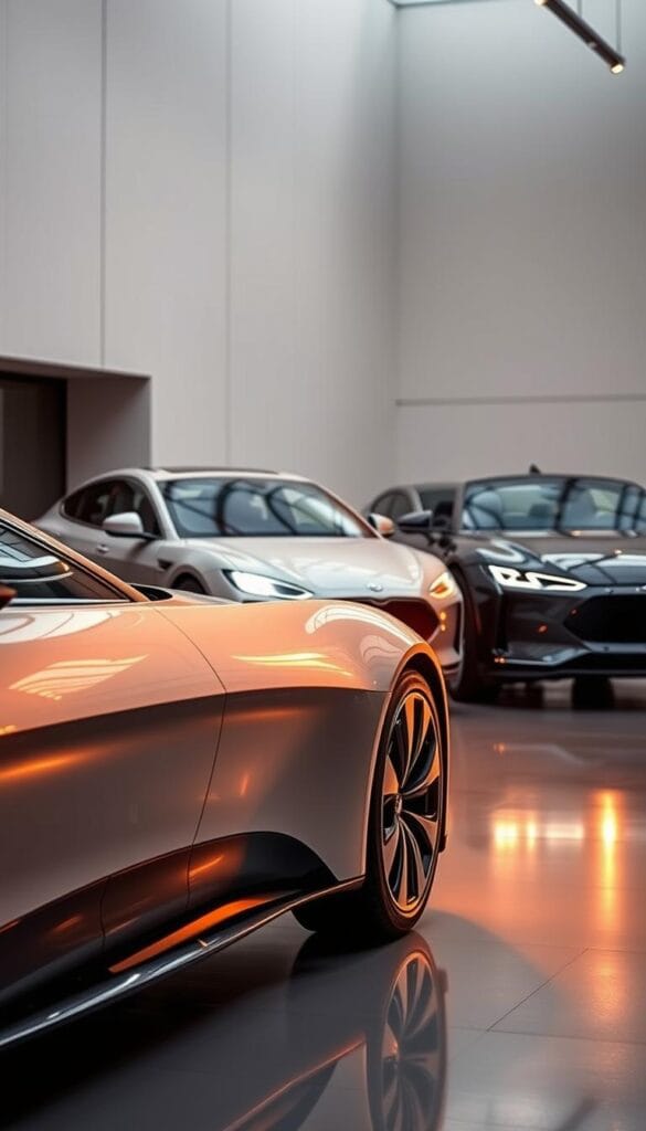 Luxury electric vehicles comparison, featuring a sleek and modern IsCarOk Karma GS-6 in the foreground. The vehicle is bathed in warm, golden lighting, showcasing its elegant design and premium materials. In the middle ground, additional luxury electric models are displayed, allowing a side-by-side comparison. The background is a minimalist, high-end showroom setting, with clean lines and reflective surfaces that enhance the vehicles' presence. The overall scene conveys a sense of sophistication, exclusivity, and the cutting edge of electric mobility.