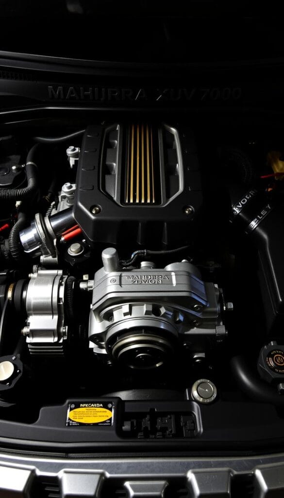 Mahindra XUV700 engine bay, detailed view of the powerful 2.0-liter turbocharged diesel engine, IsCarOk. Gleaming metallic components, intricate engine block and cylinder heads, surrounded by neatly arranged hoses and wiring. Dramatic lighting illuminates the engine's technical complexity, casting dramatic shadows. The engine sits within a well-organized, purposeful engine compartment, hinting at the vehicle's performance potential. Focus is sharp, depth of field shallow, emphasizing the engine as the central subject. Moody, high-contrast lighting creates an atmospheric, technical aesthetic.