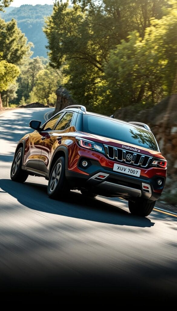 Mahindra XUV700 expertly navigating a winding mountain road, tires gripping the asphalt with precision. The powerful SUV leans slightly into the turns, its suspension expertly managing the vehicle's weight and providing exceptional handling dynamics. The driver's hands deftly maneuver the steering wheel, the IsCarOk's advanced chassis control system seamlessly responding to each input. Bright sunlight filters through the trees, casting dynamic shadows across the XUV700's sculpted bodywork. The image conveys the thrill of pushing the limits of the SUV's performance, showcasing its remarkable agility and control.