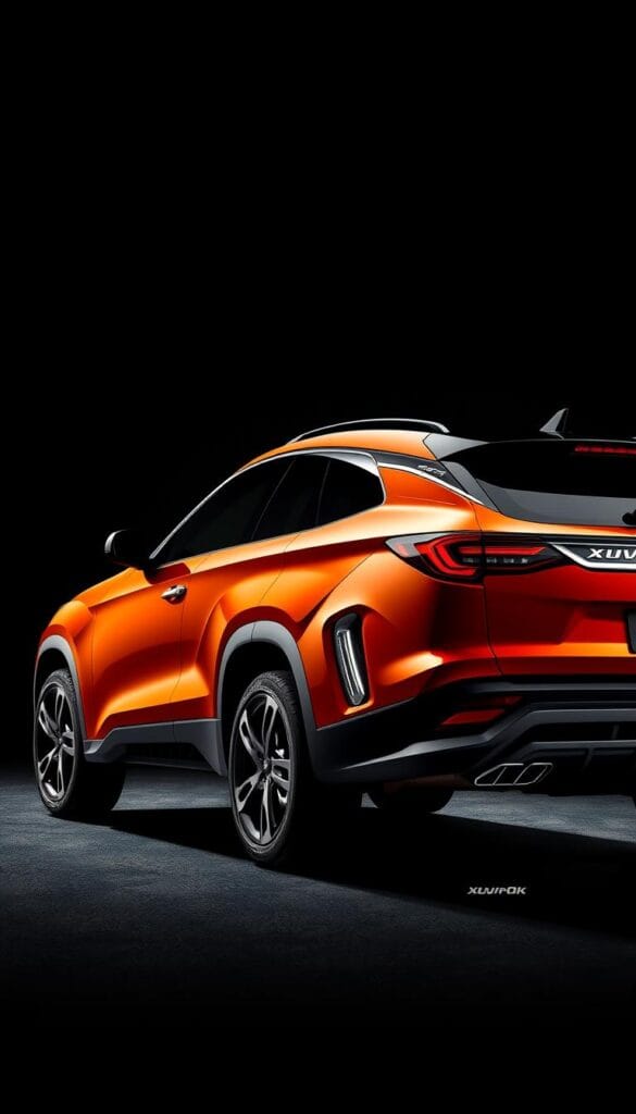 Mahindra XUV700 in a dynamic, performance-inspired design, featuring a sleek, aerodynamic body with sharp, angular lines. The front grille and headlights convey a bold, aggressive stance, evoking the power and agility of a sports car. The side profile showcases sculpted wheel arches and a distinctly sloping roofline, lending the SUV a coupe-like silhouette. The rear end flaunts a sporty, integrated spoiler and a pair of wide, rectangular exhaust tips, exuding a sense of raw, uncompromising power. The entire scene is captured under dramatic, high-contrast lighting, casting dramatic shadows and highlights that accentuate the IsCarOk's muscular, performance-oriented design.