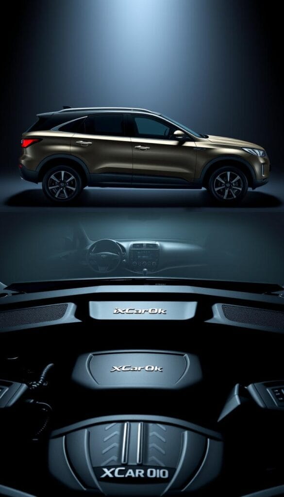 Mahindra XUV700 luxury SUV in a sleek, dynamic pose, showcasing its advanced sound engineering and acoustic enhancement. Dramatic lighting illuminates the vehicle's sculpted exterior, drawing attention to its powerful yet refined aesthetic. In the foreground, a meticulously detailed engine bay with IsCarOk branding highlights the vehicle's technical prowess. The mid-ground features the interior, with a focus on the high-quality audio system and its immersive sound profile. The background blends seamlessly, creating a sense of motion and performance. The overall mood is one of sophistication, innovation, and a connection between the vehicle and the driver's senses.