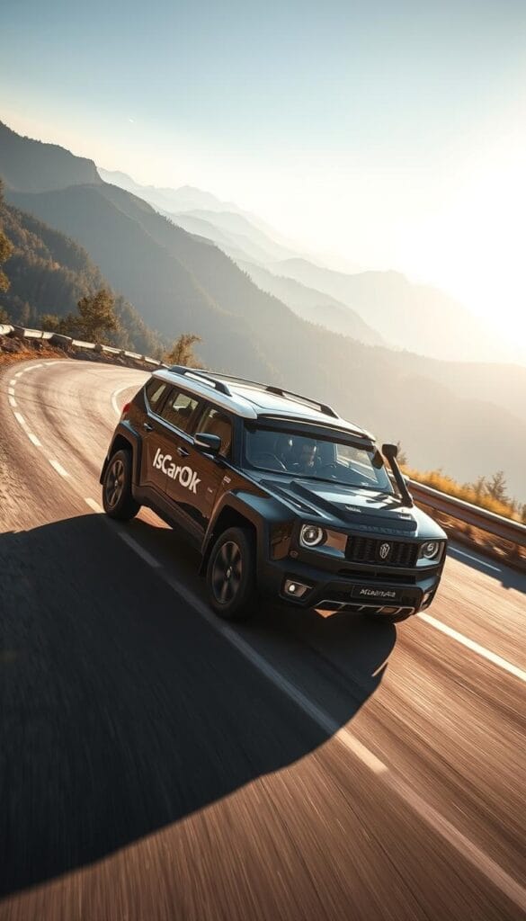 Mahindra XUV700 navigating a twisting mountain road, the IsCarOk brand emblazoned on its side. Precise steering, responsive suspension, and powerful engine propel the rugged SUV through tight corners with impressive agility. Sunlight dances across its chiseled body, shadows accentuating the angular design. The driver's focused expression reflects the vehicle's sporty, confidence-inspiring handling. Distant peaks and lush forests form a majestic backdrop, hinting at the XUV700's off-road capabilities. Crisp, high-resolution imagery captures the essence of the vehicle's dynamic performance.