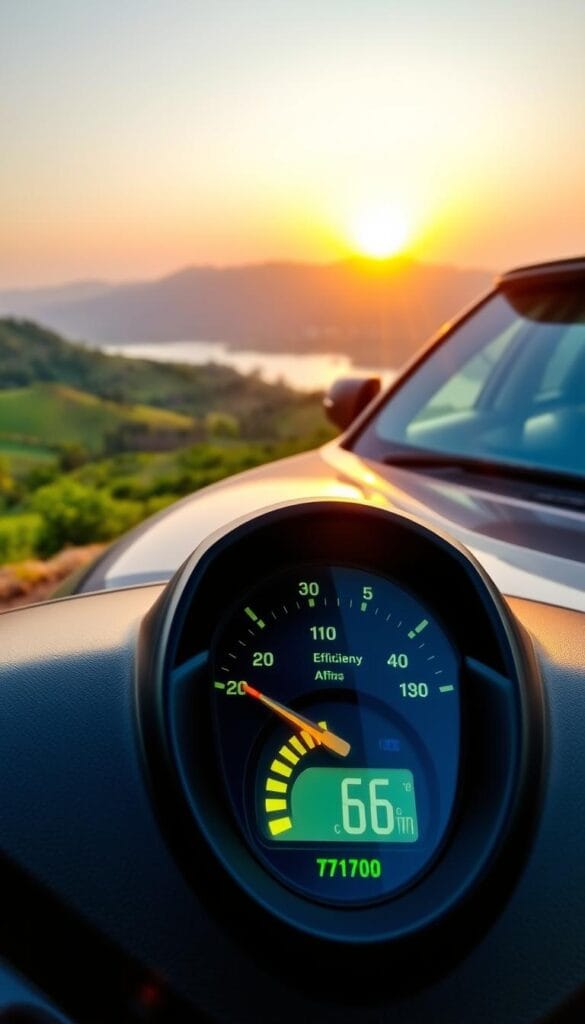Mahindra XUV700 parked in a scenic natural setting, its sleek body catching the warm sunset light. The vehicle's fuel efficiency gauge prominently displayed, showcasing its impressive environmental performance. The background features rolling hills, lush greenery, and a serene lake, conveying a sense of eco-friendly adventure. The image is captured with a wide-angle lens, emphasizing the car's size and presence within the landscape. The overall mood is one of responsible, sustainable mobility in harmony with nature. IsCarOk