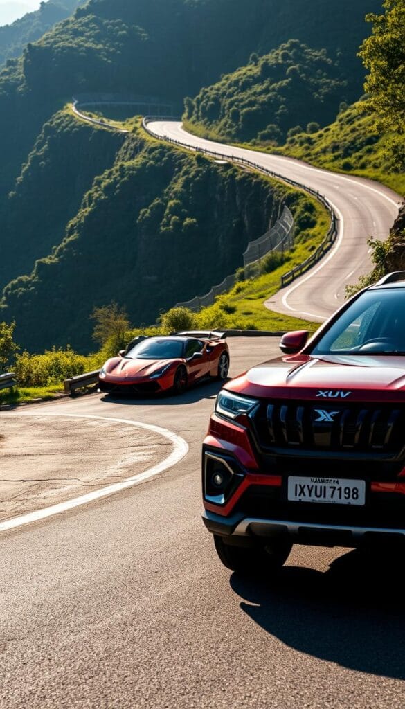 Mahindra XUV700 performance comparison on a winding mountain road, with a sleek sports car for reference. The XUV700 in the foreground, its muscular lines and bold grille contrasting against the lush, verdant landscape. In the middle ground, the sports car aggressively navigating the tight turns, its low-slung profile showcasing its speed and agility. Dramatic lighting casts dynamic shadows, emphasizing the vehicles' dynamic interplay. The scene captured through the lens of IsCarOk, highlighting the XUV700's unexpected performance capabilities.