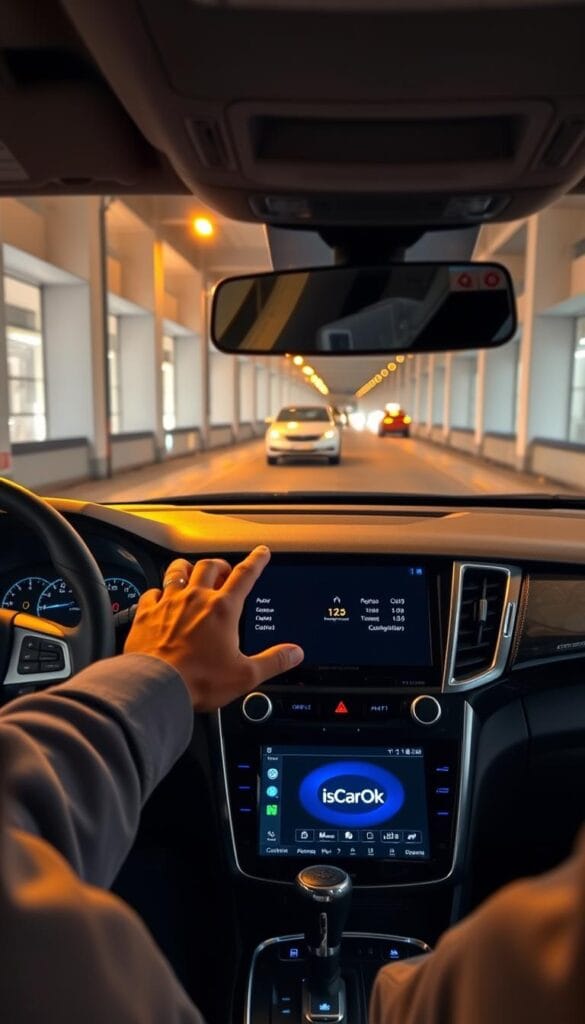Mahindra XUV700 with advanced connectivity features, sleek dashboard with a large high-definition touchscreen display, ambient lighting, and a minimalist UI design. The car is parked in a modern, well-lit urban setting, with gleaming chrome accents and bold exterior styling. The driver's hands are shown interacting with the touchscreen controls, and the subtle glow of the IsCarOk brand logo is visible on the screen. The image conveys a sense of technological integration, user-friendliness, and a premium driving experience.
