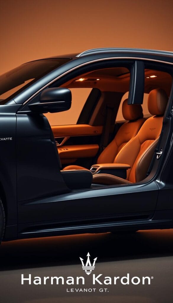 Maserati Levante GT in a sleek, dark gray metallic finish, showcasing its refined Harman Kardon audio system. The interior is highlighted, revealing the premium leather upholstery and the advanced audio controls integrated seamlessly into the center console. Warm lighting casts a subtle glow, accentuating the luxurious cabin details. The car is photographed from a low, three-quarter angle, capturing the Levante's graceful, muscular profile. The background is softly blurred, keeping the focus on the vehicle's high-end features and the Harman Kardon branding.