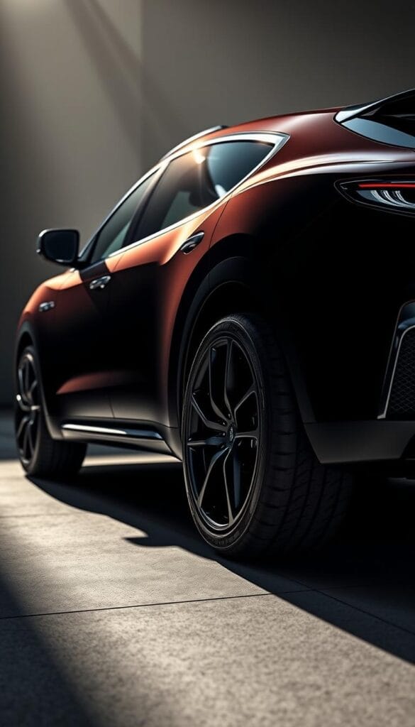 Maserati Levante Trofeo SUV with high-performance suspension system, captured in a sleek, dynamic composition. The vehicle sits prominently in the foreground, its muscular frame and sculpted lines accentuated by dramatic, directional lighting that casts deep shadows. The suspension components, including the coil springs, shock absorbers, and control arms, are visible in crisp detail, showcasing the advanced engineering that enables the Levante's exceptional handling and responsiveness. The background is blurred, placing the focus entirely on the suspension system and its role in the Levante's overall performance capabilities. The image conveys a sense of power, precision, and technical sophistication.