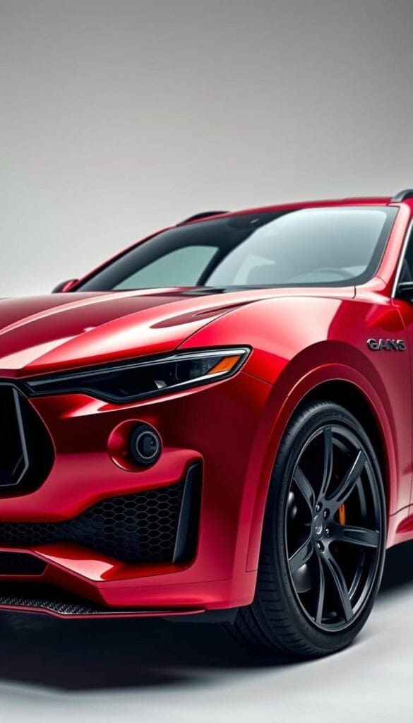 Maserati Levante Trofeo V8 engine, vibrant metallic body in a deep crimson red, gleaming with a wet, glossy finish. Aggressive front grille and air intakes, LED headlights slicing through the scene. Lowered stance, wider fenders, and vast 22-inch forged alloy wheels in satin black. Sporty carbon fiber accents along the sides, rear spoiler, and diffuser. The vehicle rests in a studio setting, softly lit from above to accentuate its muscular, performance-oriented design. Crisp shadows and highlights define the sculpted surfaces, conveying a sense of raw power and dynamic capability.
