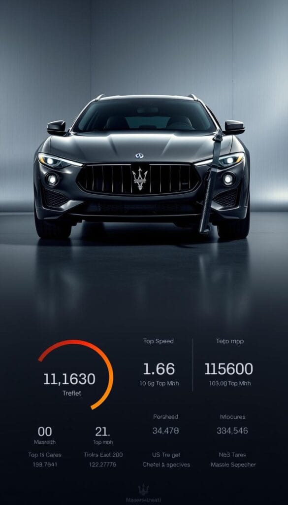 Maserati Levante Trofeo, a high-performance luxury SUV, showcased against a sleek, metallic grey backdrop. The vehicle's bold front grille, sculpted bodywork, and distinctive Trofeo badging command attention. In the foreground, a detailed infographic displays the Levante Trofeo's top speed and 0-60 mph performance metrics, presented in a clean, data-driven layout. Subtle lighting and camera angles highlight the vehicle's dynamic capabilities, creating a sense of power and precision. The overall composition conveys the Levante Trofeo's blend of luxury and performance, reflecting the article's focus on this flagship Maserati model.