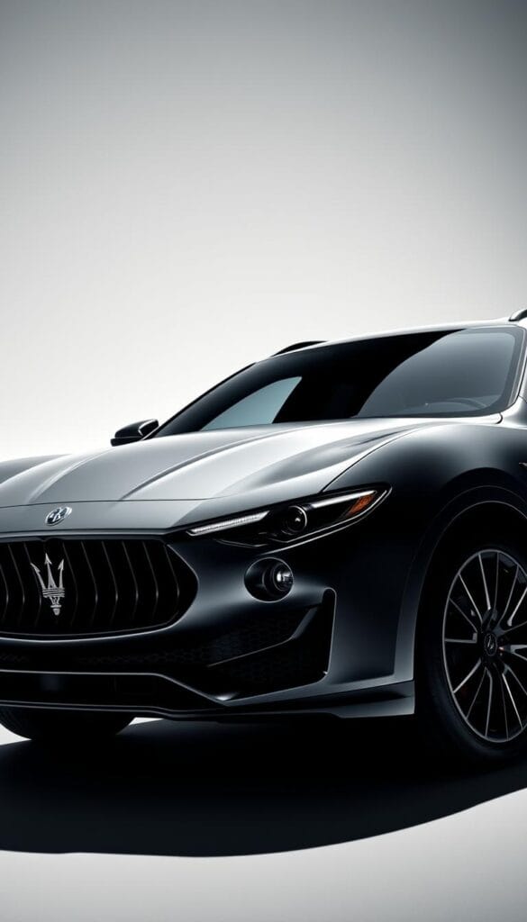 Maserati Levante Trofeo, sleek and aggressive in the foreground, showcasing its aerodynamic design elements - sculpted front grille, angular headlights, and sporty air vents. In the middle ground, the bodywork flows seamlessly, hinting at the powerful engine beneath, while the rear features a spoiler and diffuser for enhanced downforce. The background is a clean, crisp setting, with dramatic lighting casting shadows that accentuate the vehicle's sculpted lines and muscular presence. Captured at a low, dynamic angle, the Levante Trofeo exudes a sense of speed and performance, ready to dominate the road.